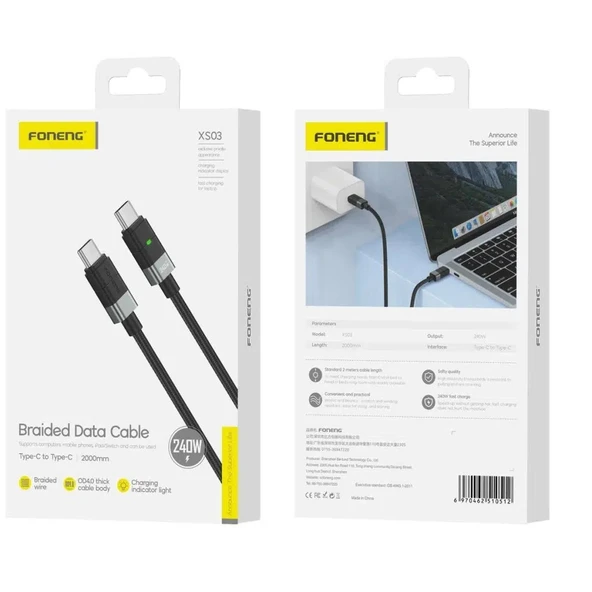 Foneng XS03 240W Type-C to Type-C Örgü 2m Data ve Şarj Kablosu - 5