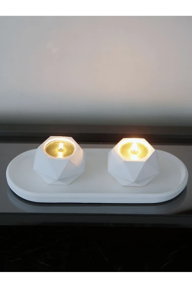 Geometrik Tealight Beton Mumluk, Oval Tabaklı Dekoratif Hediyelik Set Ham Beyaz - 4