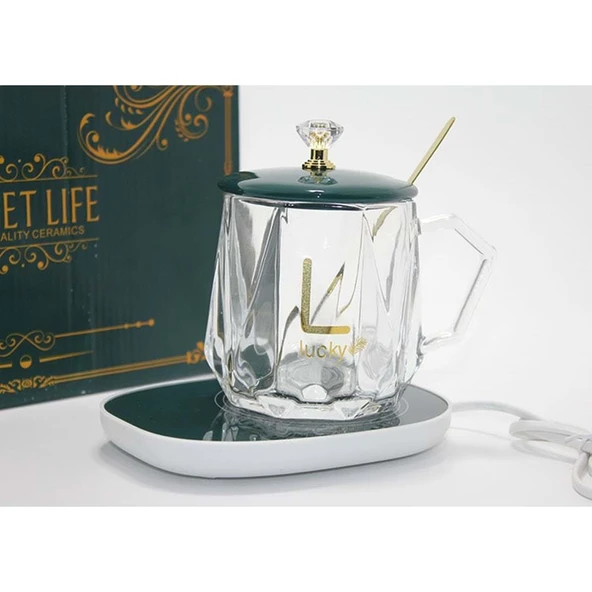 Porselen Kapaklı Isıtıcılı Cam Kupa Bardak Dekoratif Hediyelik ürün görseli