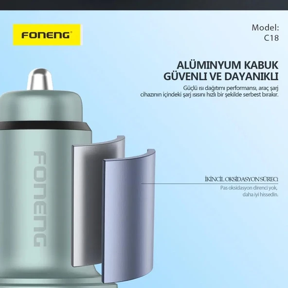 Foneng C18 48W Type-C + USB Led Gösterge Araç içi Şarj Adaptörü - 6