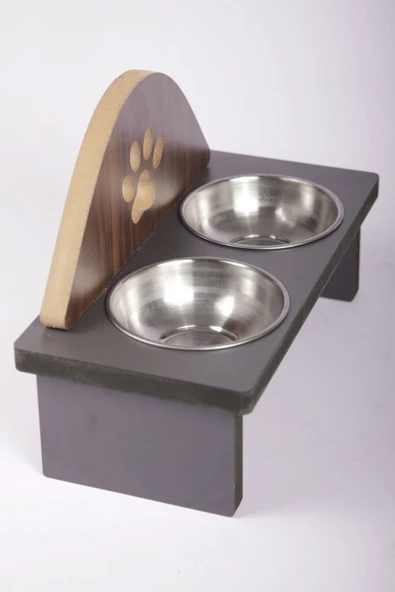 Mama Kabı Pati Desenli Ahşap Çelik Kaseli Kedi Köpek Mama Ve Su Kabı - 7