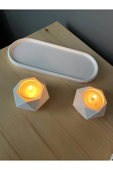 Geometrik Tealight Beton Mumluk, Oval Tabaklı Dekoratif Hediyelik Set Ham Beyaz - 1