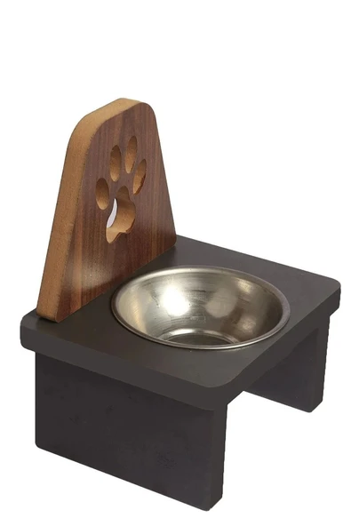 Ahşap Kedi Köpek Mama Su Kabı Standı Metal Suluk Mamalık Çelik Kaseli Evcil Hayvan Pati Desenli - 2