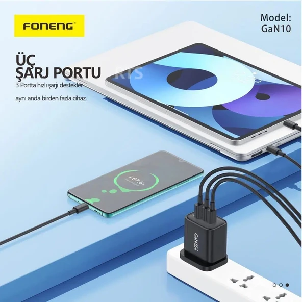 Foneng GaN10 65W 2xType-C 1x USB 3 Girişli Type-C to Type-C Kablo Set - 3
