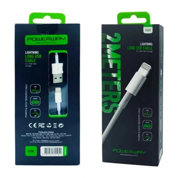 Powerway Bx08 İphone 2100 Ma Hızlı 2 Metre Şarj Data Kablosu - Resim 2