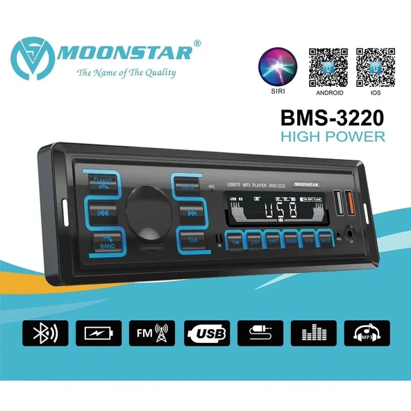 Moonstar Bms-3220 Oto Teyp App Kontrol 4x60 Watt Bluetooth 2xusb Sd Fm Aux 7 Renk Ekranlı ürün görseli 1