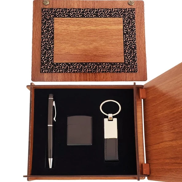 Ahşap Kutulu Siyah Kalem Anahtarlık Mat Çakmak ürün görseli 1