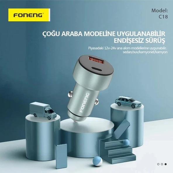 Foneng C18 48W Type-C + USB Led Gösterge Araç içi Şarj Adaptörü - 8