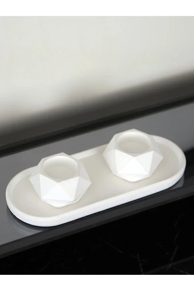 Geometrik Tealight Beton Mumluk, Oval Tabaklı Dekoratif Hediyelik Set Ham Beyaz - 7