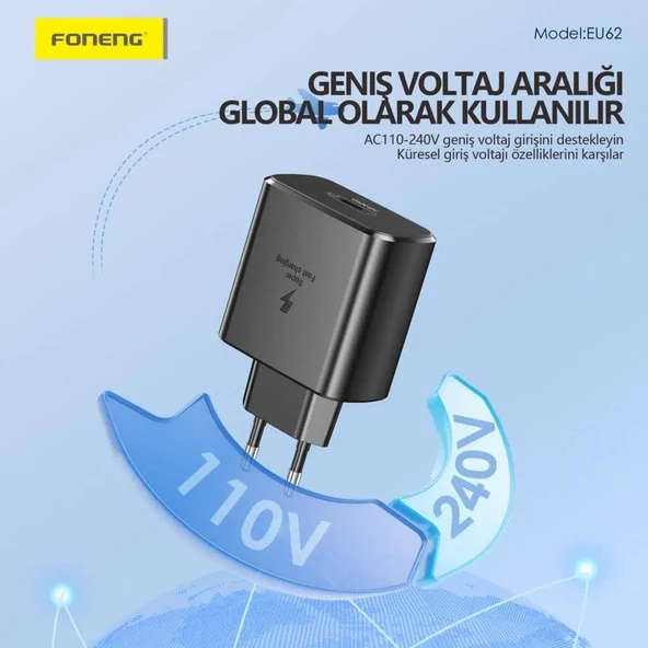 Foneng EU62 GaN 45W PD Type-C Girişli Hızlı Şarj Adaptörü - Siyah - 5