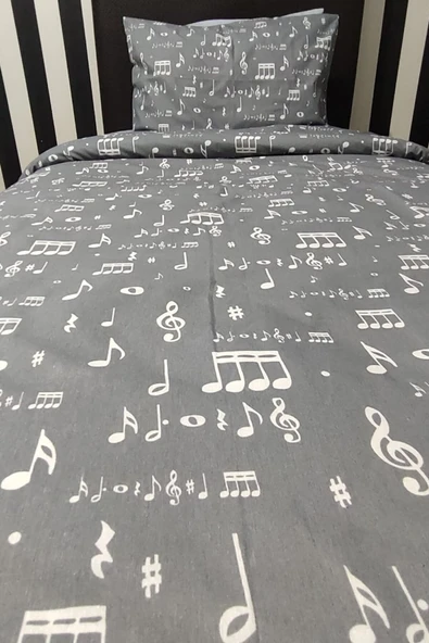 Nota Desenli Lastikli Çarşaflı Tek Kişilik Nevresim Takımı ürün görseli