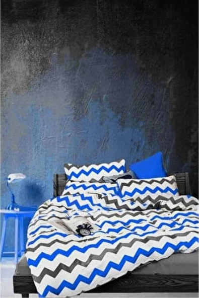 Tek Kişilik Yorgan Kılıfı 1 Adet Yastık Kılıfı Mavi Zigzag ürün görseli