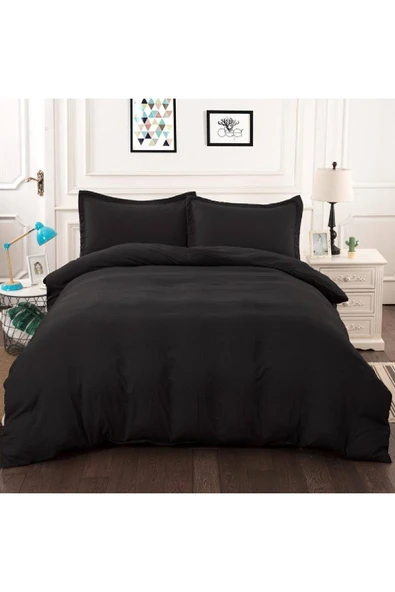 Siyah Çift Kişilik  Düz Çarşaflı Pamuklu Nevresim Takımı ürün görseli