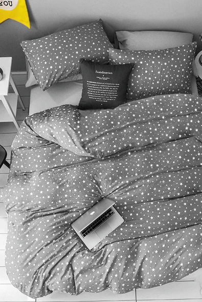 Doğal Pamuk Çift Kişilik Nevresim Takımı Yıldız Gri ürün görseli