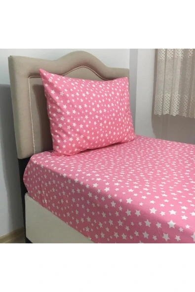 Tek Kişilik Pembe Yıldız Desenli Lastikli Çarşaf + Nevresim + 1 Adet Yastık Kılıfı ürün görseli