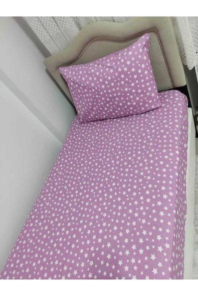 Tek Kişilik Mor Yıldız Desenli Lastikli Çarşaf + Nevresim + 1 Adet Yastık Kılıfı ürün görseli