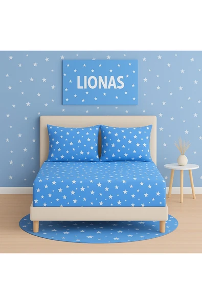 Desenli 180 x 200 cm Battal Boy Mavi Yıldız Lastikli Çarşaf ve 2 Adet Yastık Kılıfı ürün görseli 1