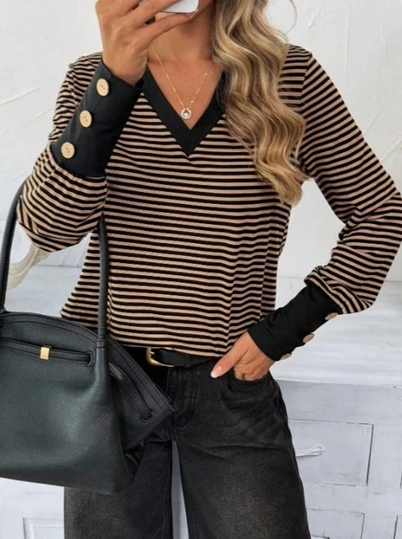 MDB Kadın Uzun Kollu V Yakalı Desenli Süprem Bluz ürün görseli 1