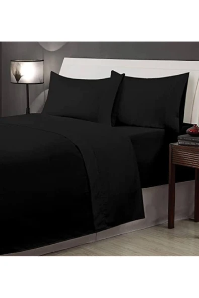 Siyah Çift Kişilik  Düz Çarşaflı Pamuklu Nevresim Takımı - Resim 4