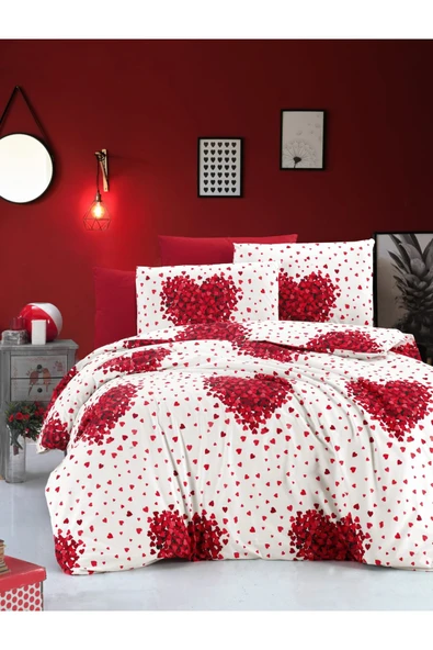 Çift Kişilik Ranforce Dokuma Çarşafı Lastikli Nevresim Takımı Kalpli