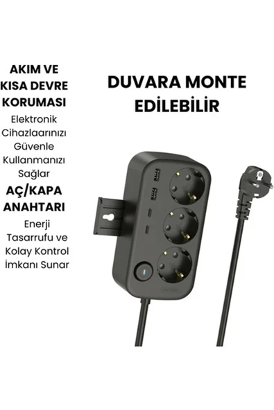 Akım Korumalı Priz 2 USB + 2 Type-C Girişli 2 Metre Kablosu Anahtarlı ve Duvara Monte Edilebilir - Resim 3