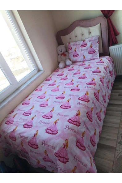 Tek Kişilik Nevresim Takımı Kız Çocuk Ranforce Pamuklu Prenses Desenli 155x230 Cm - Resim 3