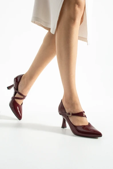 LUNERA Zarif Tokalı Rahat Kalıp Kadın 6,5 cm Topuklu Bordo Rugan Mary Jane Ayakkabı - Resim 3