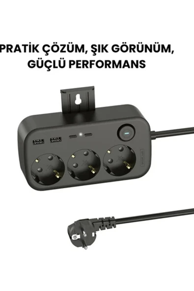 Akım Korumalı Priz 2 USB + 2 Type-C Girişli 2 Metre Kablosu Anahtarlı ve Duvara Monte Edilebilir - Resim 2