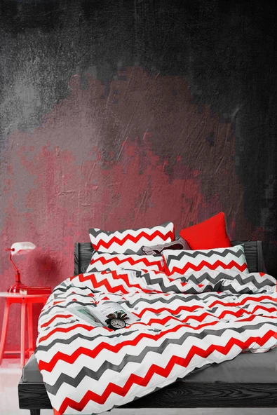 Doğal Pamuk Tek Kişilik Nevresim Takımı Kırmızı Zigzag -899846168 ürün görseli