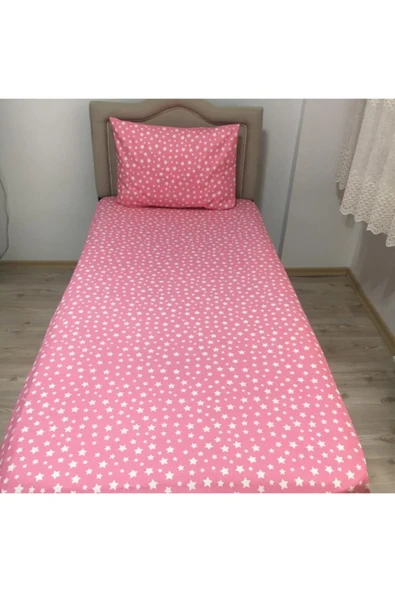 Tek Kişilik Pembe Yıldız Desenli Lastikli Çarşaf + Nevresim + 1 Adet Yastık Kılıfı - Resim 2