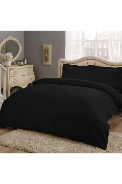 Siyah Çift Kişilik  Düz Çarşaflı Pamuklu Nevresim Takımı - Resim 2