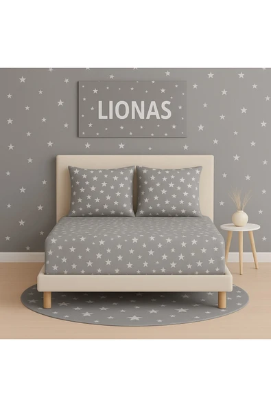 Desenli 160 x 200 cm Çift Kişilik Gri Yıldız Lastikli Çarşaf ve 2 Adet Yastık Kılıfı ürün görseli