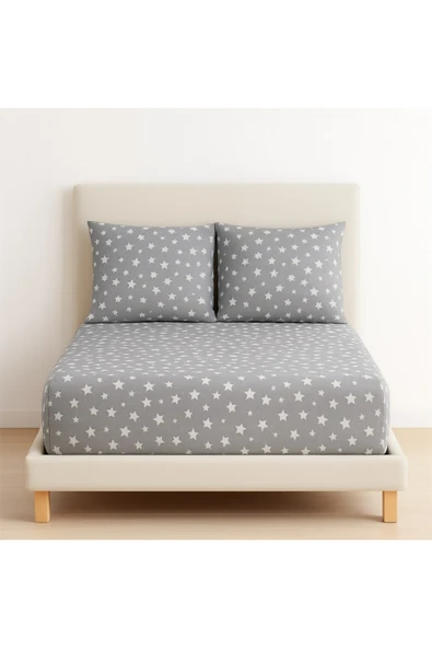 Desenli 160 x 200 cm Çift Kişilik Gri Yıldız Lastikli Çarşaf ve 2 Adet Yastık Kılıfı - Resim 2