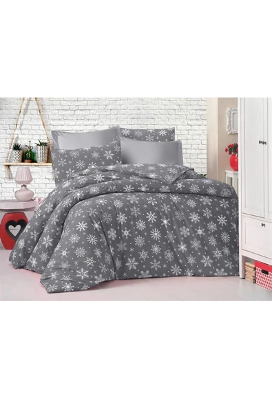 Çift Kişilik Ranforce (kumaş) Nevresim Çarşaf Takımı Gri Kar Desen - Resim 2