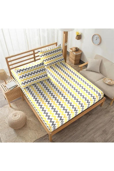 Tek Kişilik Lastikli Çarşaf Takımı Ranforce Zikzaklı - Sarı ürün görseli