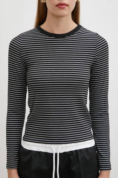 Bisiklet Yaka Çizgili Bluz Siyah - Resim 5