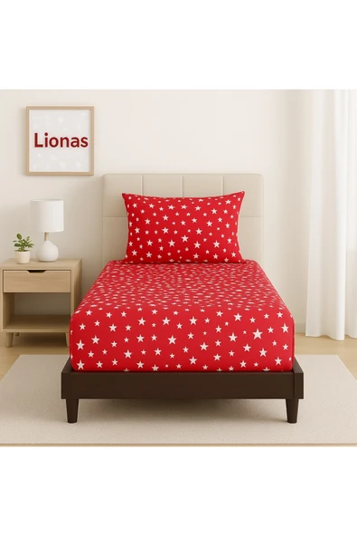 Desenli 90 x 200 cm Kırmızı Yıldız Lastikli Çarşaf ve Yastık Kılıfı - Resim 2