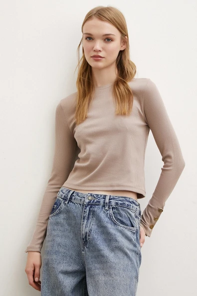 Kolu Düğmeli Bluz Vizon ürün görseli 1