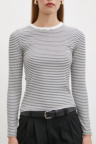 Bisiklet Yaka Çizgili Bluz Beyaz - Resim 5