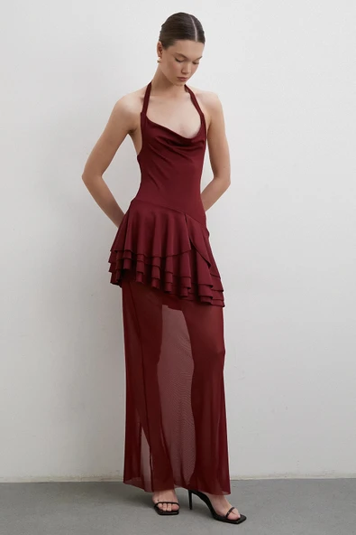 Boyun Askılı Fırfırlı Tül Elbise Bordo - Resim 5