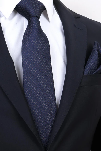 Esgue Hand Made 7.5 cm Kahverengi Lacivert Desenli Mendilli Kravat - Resim 2