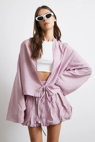 Geniş Kol Önden Bağlamalı Bluz Lila - Resim 2