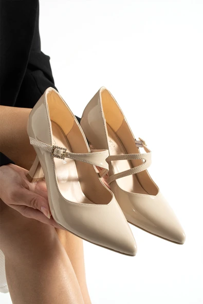 LUNERA Zarif Tokalı Rahat Kalıp Kadın 6,5 cm Topuklu Bej Rugan Mary Jane Ayakkabı - Resim 4