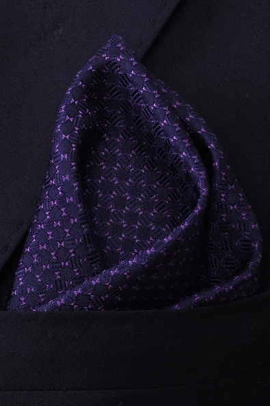 Esgue Hand Made 7.5 cm Mor Lacivert Desenli Mendilli Kravat - Resim 5