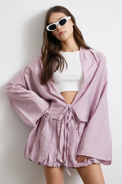 Geniş Kol Önden Bağlamalı Bluz Lila - Resim 4
