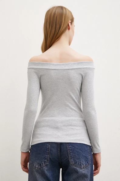 Kayık Yaka Bluz Gri - Resim 6