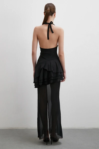 Boyun Askılı Fırfırlı Tül Elbise Siyah - Resim 5