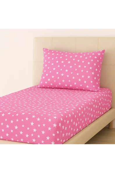 Desenli 90 x 200 cm Pembe Yıldız Lastikli Çarşaf ve Yastık Kılıfı - Resim 2