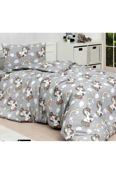 Gri Unicorn Pamuklu Kumaş Tek Kişilik Lastikli Çarşaf Takımı ürün görseli
