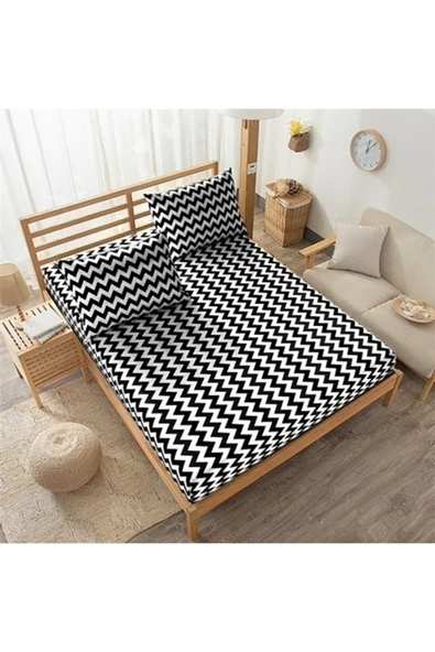 Tek Kişilik Lastikli Çarşaf Takımı Ranforce Zikzaklı - Lacivert